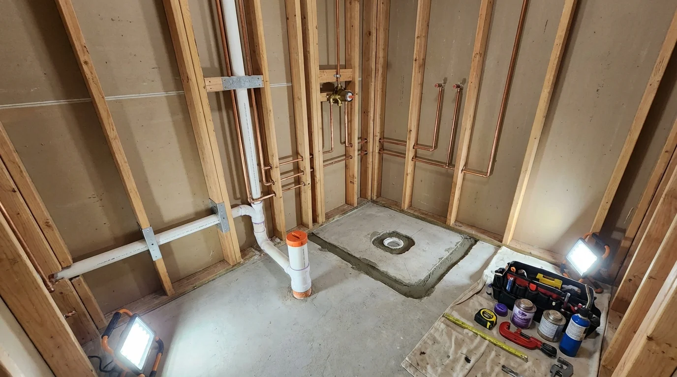 Bathroom rough-in plumbing during remodel by Johns Plumbing LLC in Smithtown