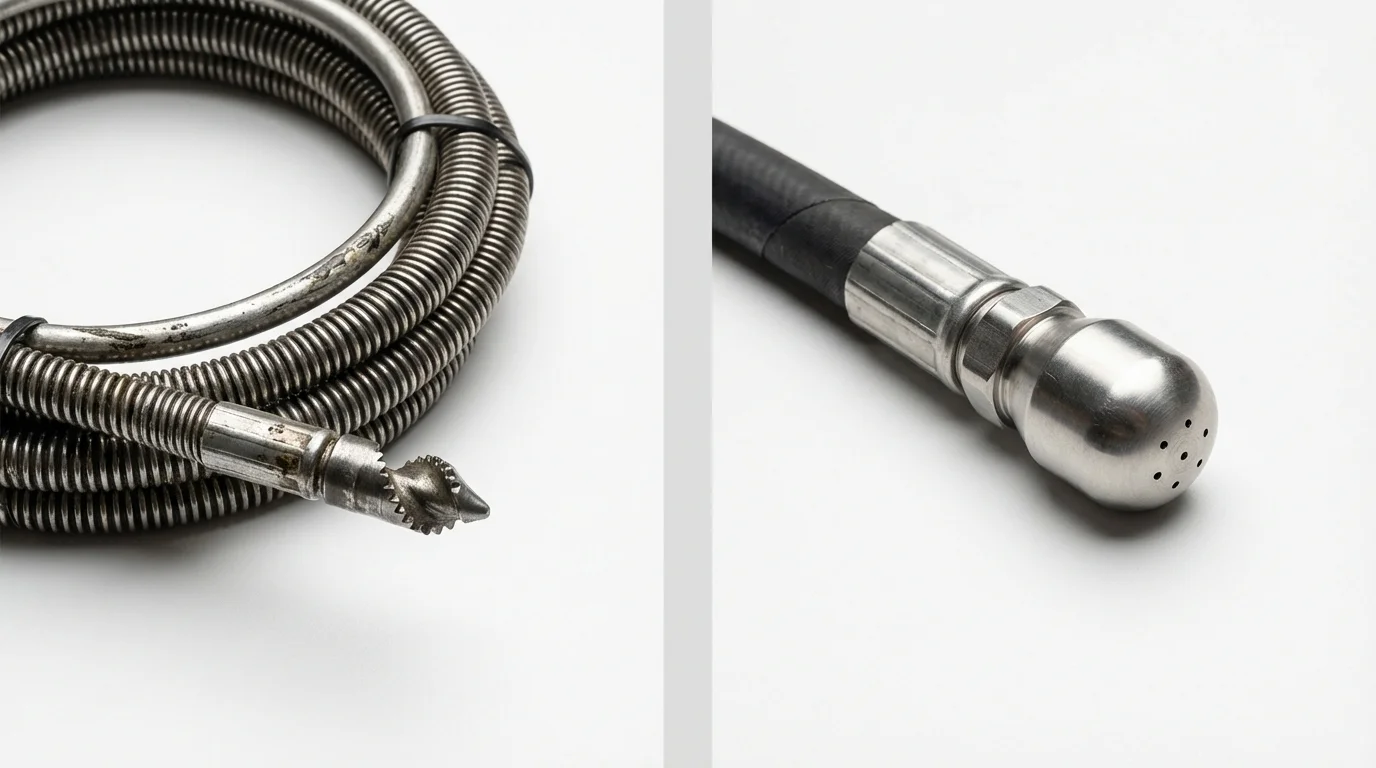 Drain snake cable and hydro jetting nozzle used for drain cleaning in Smithtown, NY