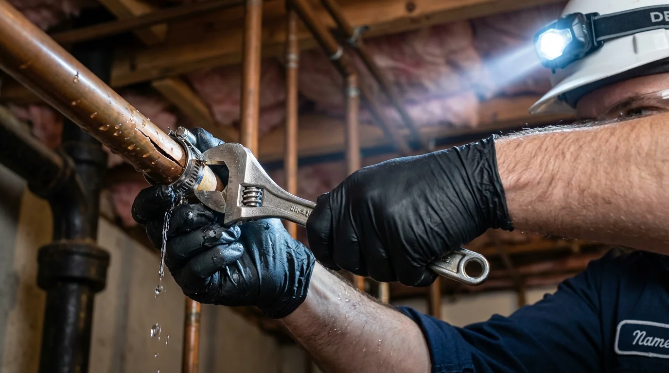 Emergency pipe clamp repair being performed by a Johns Plumbing LLC plumber in Smithtown