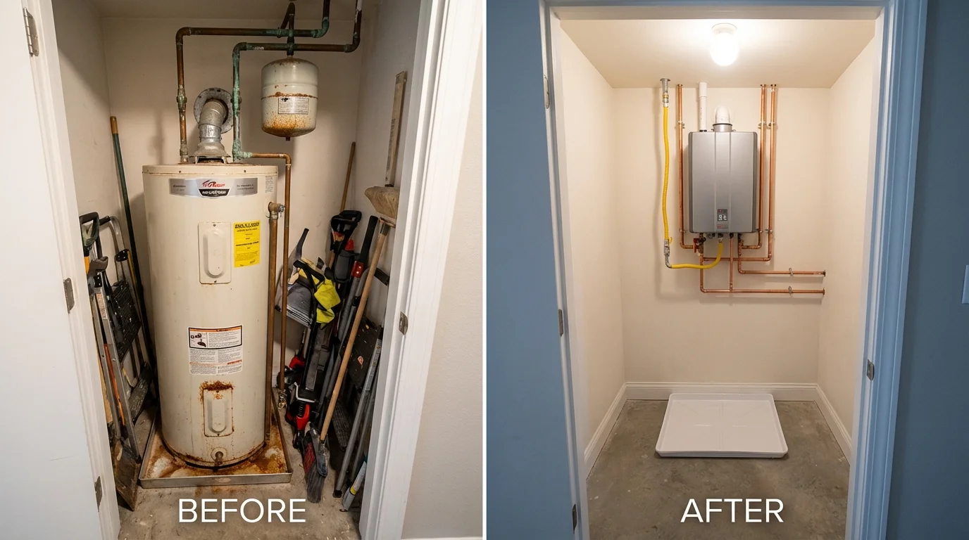 Tank water heater versus wall-mounted tankless unit comparison for Smithtown, NY homeowners