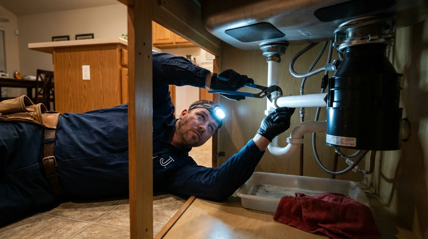 P-trap and supply line connections under a kitchen sink showing a common leak point in Smithtown, NY